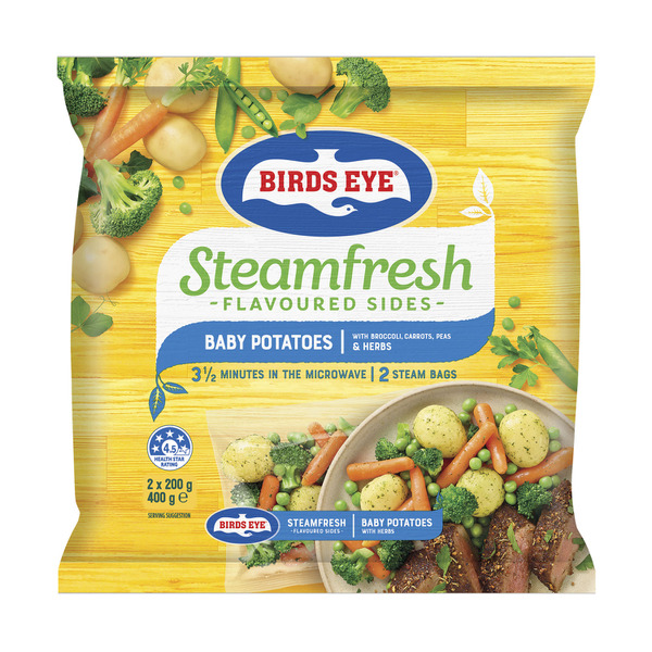 Calories in Birds Eye Frozen Steam Fresh Baby Potatoes With Broccoli Carrots Peas & Herbs 2 pack