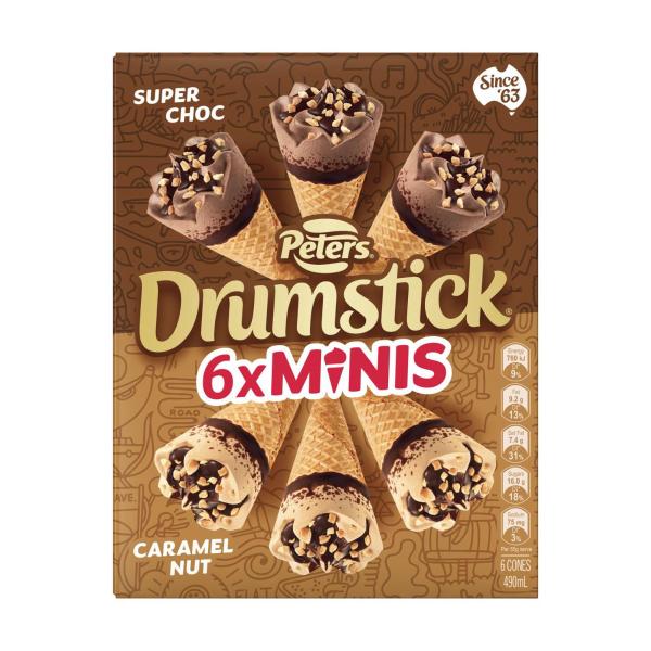 Peters Drumstick Minis Super Choc & Caramel Nut Cones Variety 6 Pack 490mL