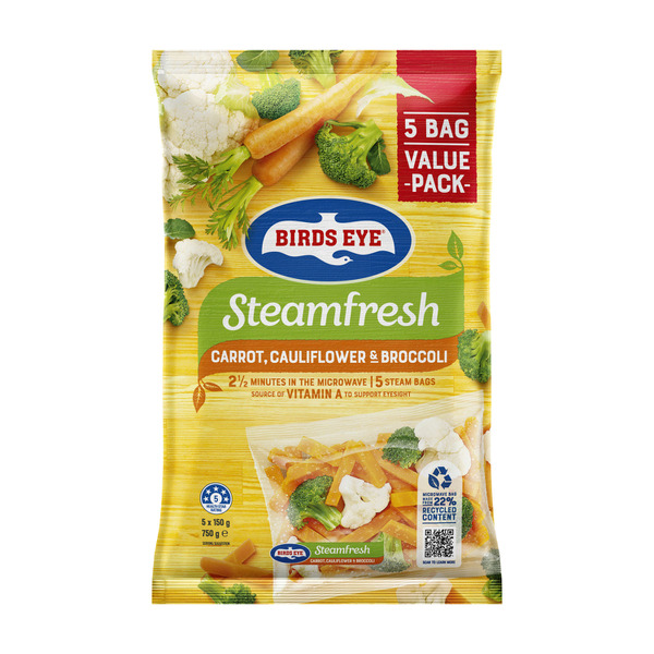 Calories in Birds Eye Frozen Steam Fresh Carrot Cauliflower & Broccoli 5 pack