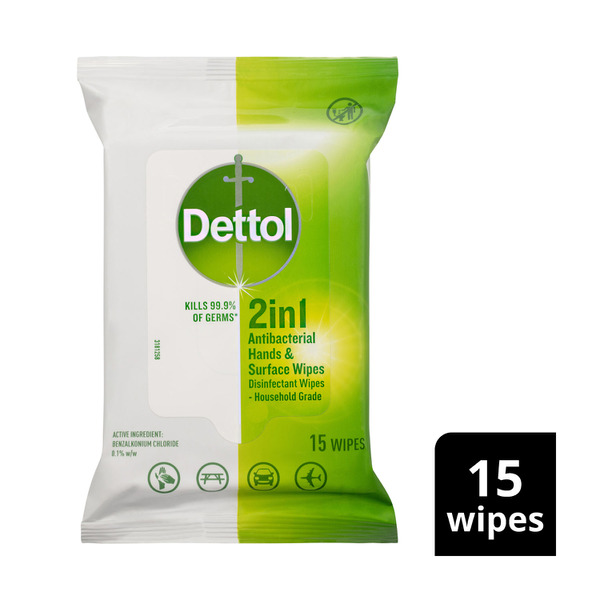 Dettol 2 in 1 Hands and Surfaces Antibacterial 15 Wipes