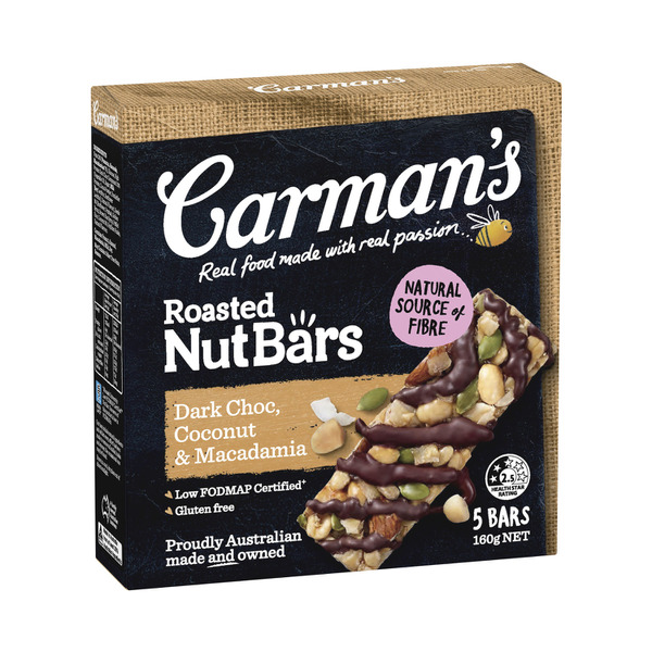 Calories in Carman's Dark Choc Macadamia & Coconut Nut Bar 5 pack