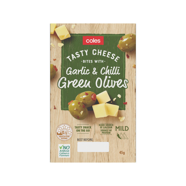 Coles Tasty Cheese Bites And Garlic Chilli Green Olives | 45g