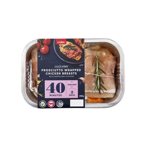 Calories in Coles Made Easy Prosciutto Wrapped Chicken Breasts With Parmigiana Stuffing