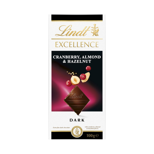 Calories in Lindt Excellence Cranberry Almond & Hazelnut Dark Chocolate Block