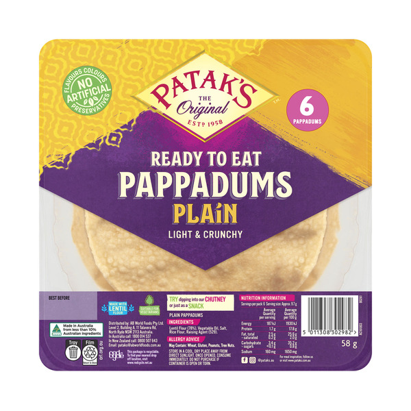 Patak's Ready To Eat Plain Pappadums 6 Pieces