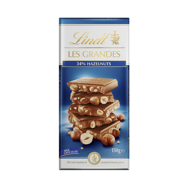 Calories in Lindt Les Grandes Milk chocolate & Hazelnut Block calcount