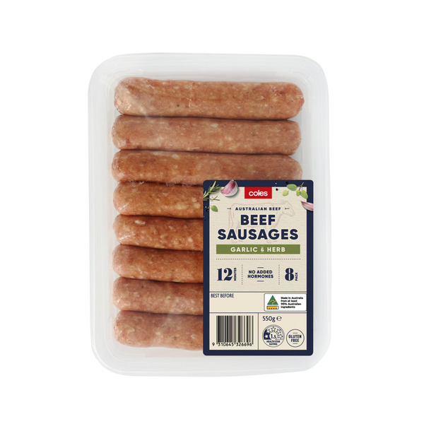 Calories in Coles Garlic & Herb Pork Sausages 8 Pack calcount