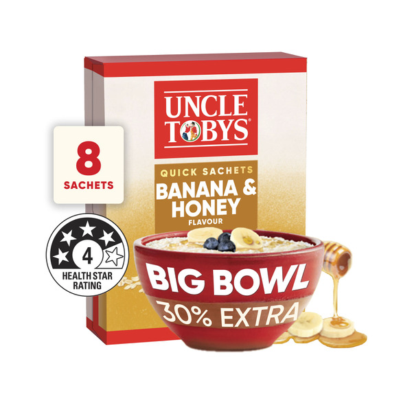 Calories in Uncle Tobys Oats Quick Sachets Breakfast Cereal Banana Honey Big Bowl