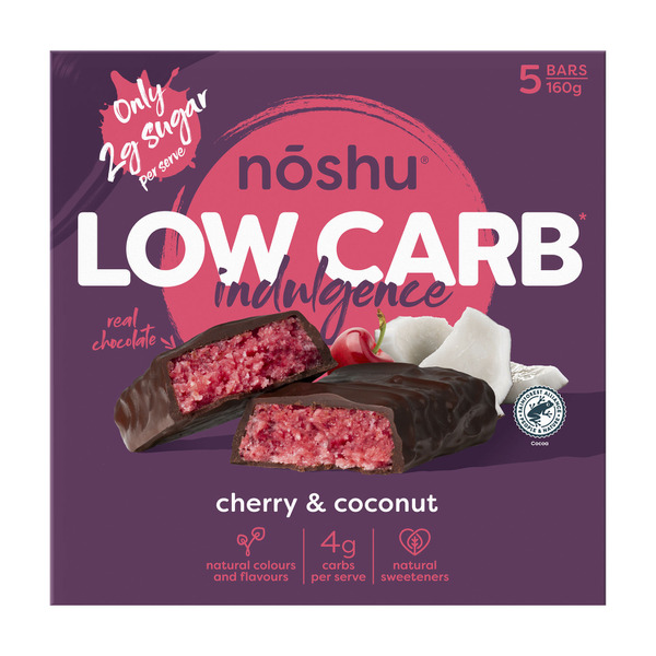Calories in Noshu Low Carb Cherry And Coconut Indulgence Bars