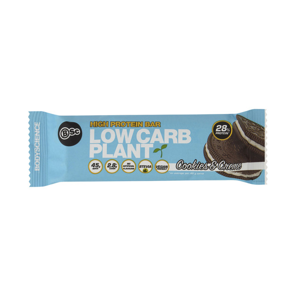 Calories in BSc Bodyscience High Protein Low Carb Plant Bar Cookies & CrÃ¨me