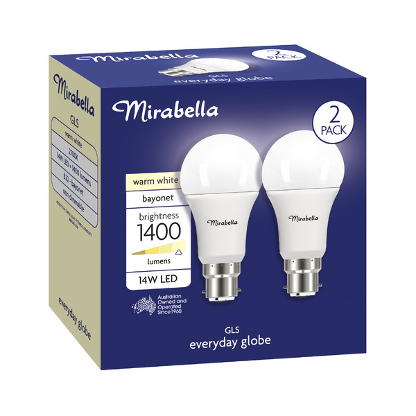 Mirabella Led Gls BC 14W 1400LUM 2700K Warm White 2 pack