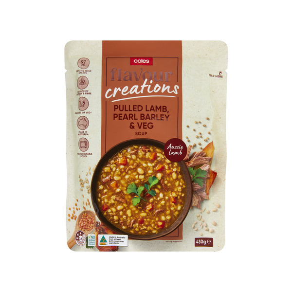 Calories in Coles Flavour Creations Pulled Lamb Pearl Barley & Lentil Soup