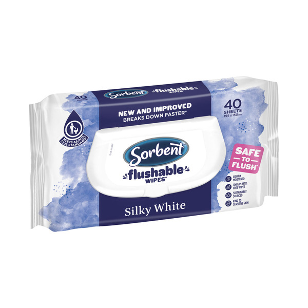 Sorbent Clean & Fresh Silky White Flushable Wipes Soft Pack | 40 pack