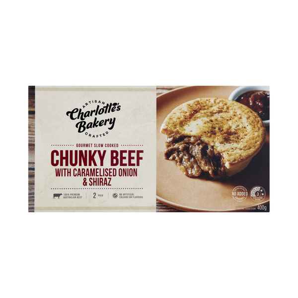 Charlotte'S Bakery Slow Cooked Beef Shiraz & Onion Pies 2 Pack