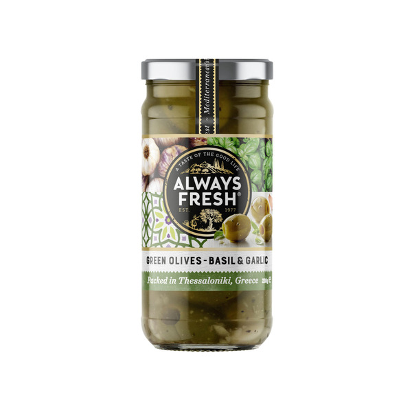 Buy Always Fresh Green Pitted Olives With Basil Garlic 230g Coles