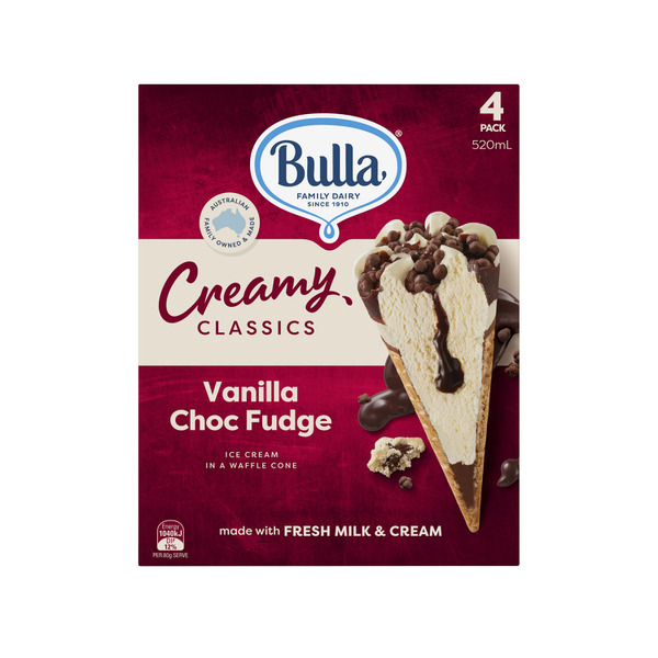 Bulla Creamy Classic Vanilla Choc Fudge Cone 4 Pack 520mL