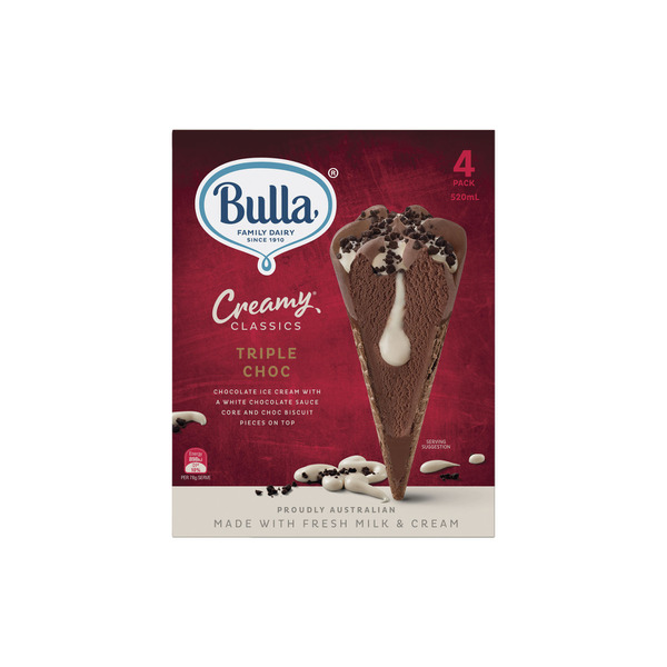 Bulla Creamy Classics Triple Choc Cone 4Pk 520mL