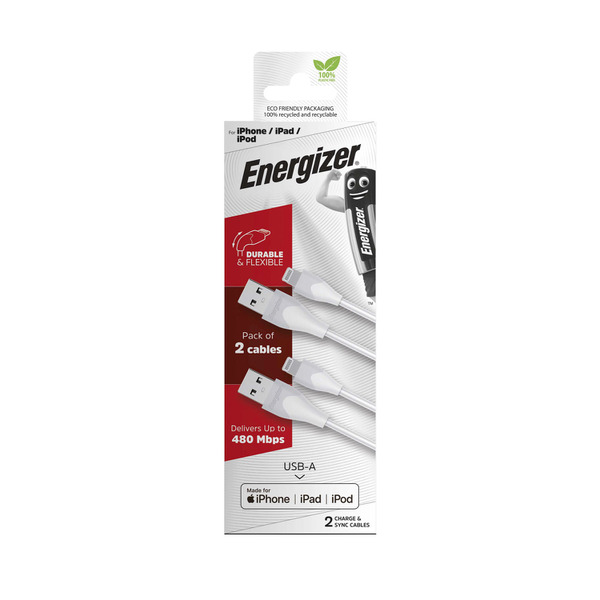 Energizer Twin Pack Lightning To USB 1.2m