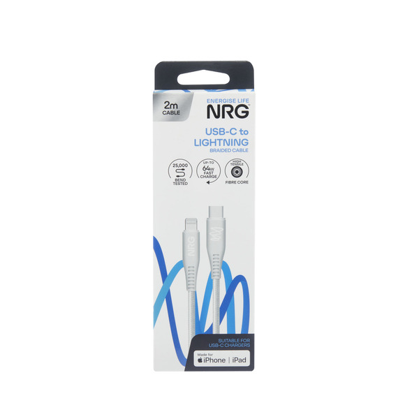 NRG 2M USB C To Lightning - White Braided 1 each