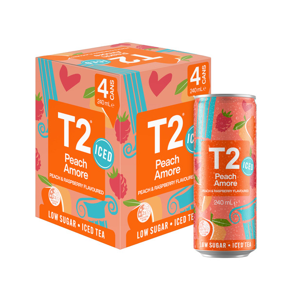 T2 Iced Tea Peach Amore Raspberry Low Sugar Ice Tea Cans 240mL x 4 Pack