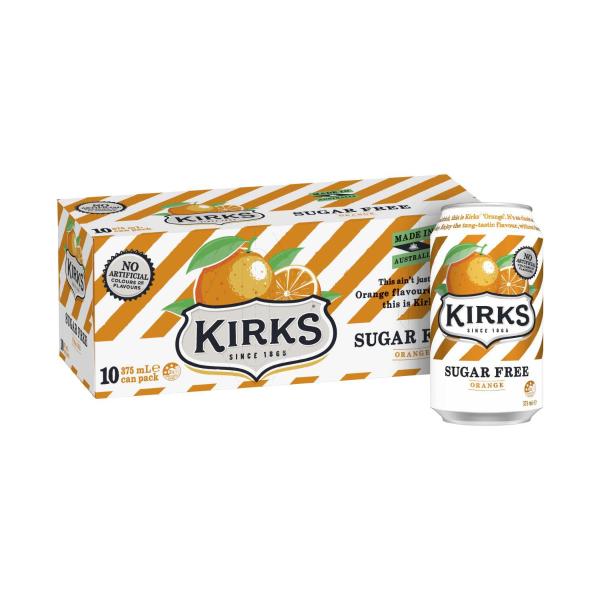 Kirks Zero Sugar Orange Soft Drink Cans 10x375ml