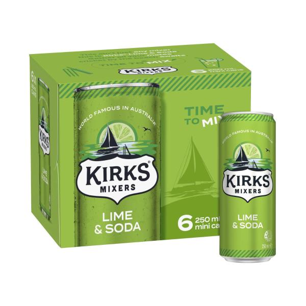 Kirks Mixers Lime & Soda Mini Cans 6x250mL