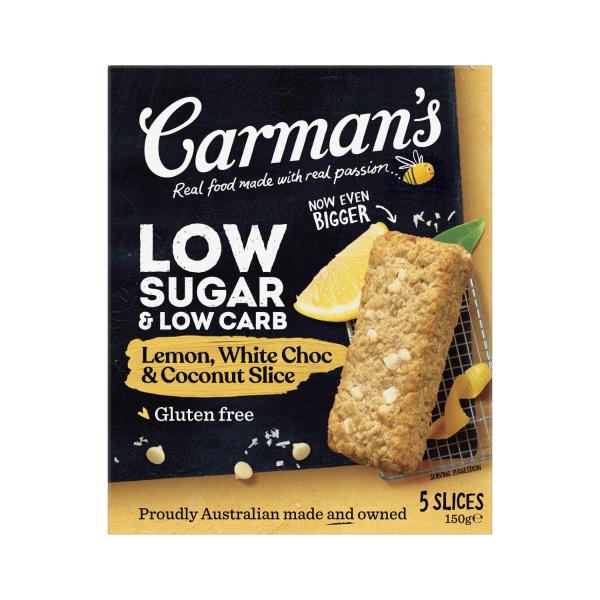 Buy Carman's Low Sugar Low Carb Slice White Choc Lemon Coconut 150g | Coles