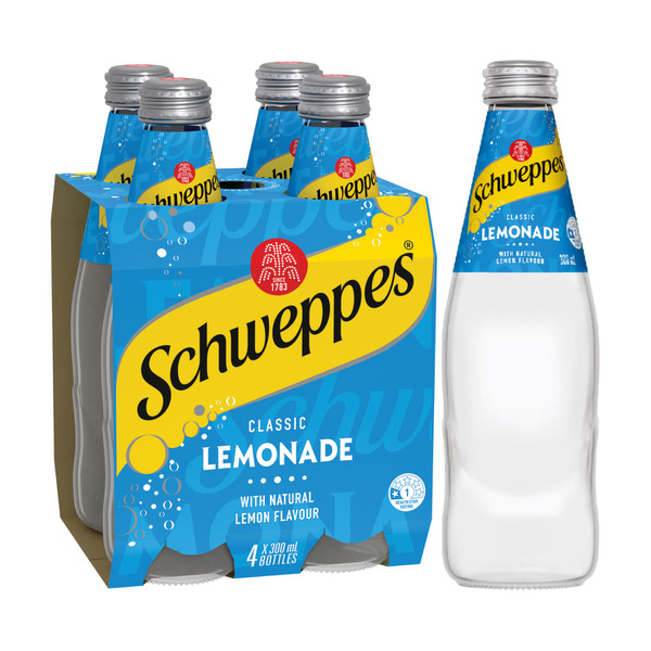 Schweppes Lemonade Soft Drink Bottle Glass Multipack 300mL x 4 Pack 4 pack