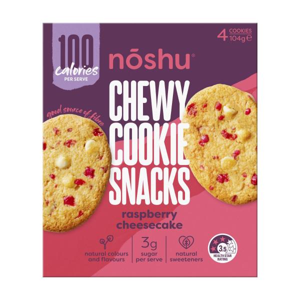 Noshu 100 Calorie Chewy Cookie Snacks White Choc Raspberry Cheesecake