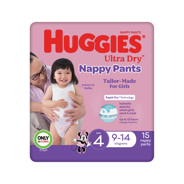 Huggies Ultra Dry Nappy Pants Girls Size 4 (9-14kg) 15 pack