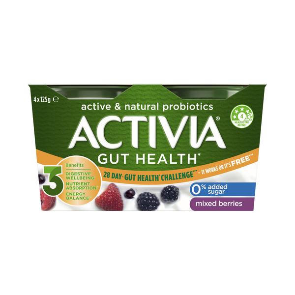 Activia Probiotics No Added Sugar Yoghurt Mixed Berries 4X125G