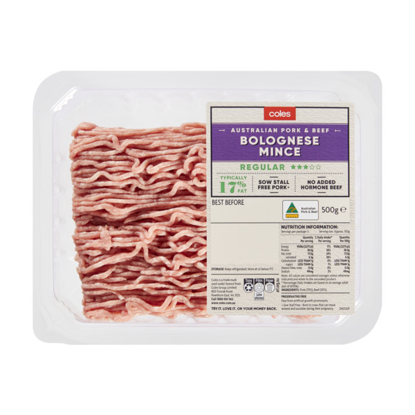 Coles Pork & Beef 3 Star Mince Bolognese | 500g